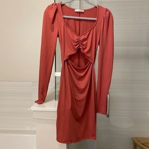 Blue Blush Cutout Long Sleeve Dress, Size Small, Soft Red